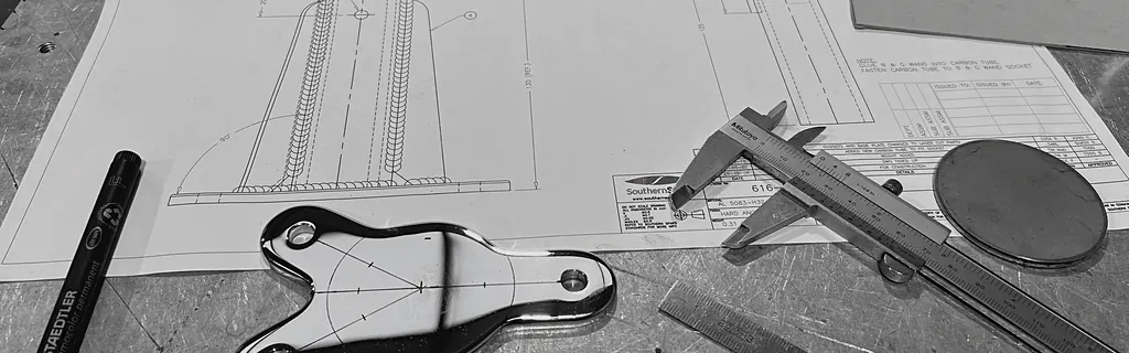 Plano técnico, calibre y la pieza de acero pulida cortada a partir de él